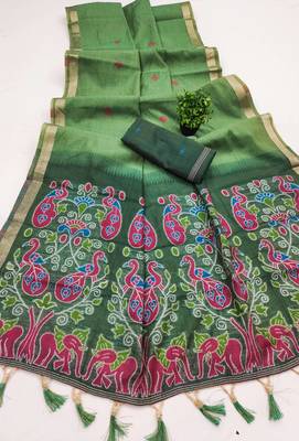 pista muga cotton saree with ajrakh meenakari designer pallu 2