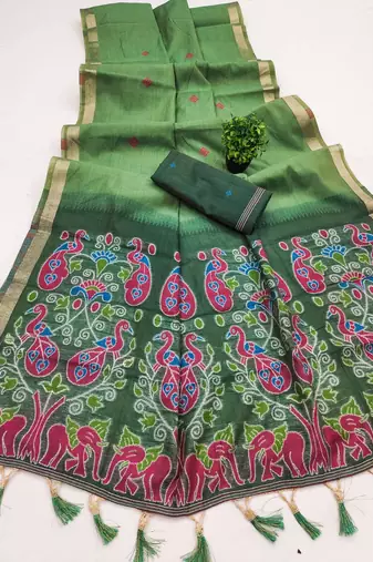 pista muga cotton saree with ajrakh meenakari designer pallu