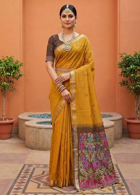 yellow muga cotton saree with ajrakh meenakari designer pallu
 1