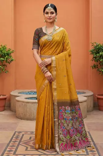 yellow muga cotton saree with ajrakh meenakari designer pallu