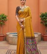 yellow muga cotton saree with ajrakh meenakari designer pallu
