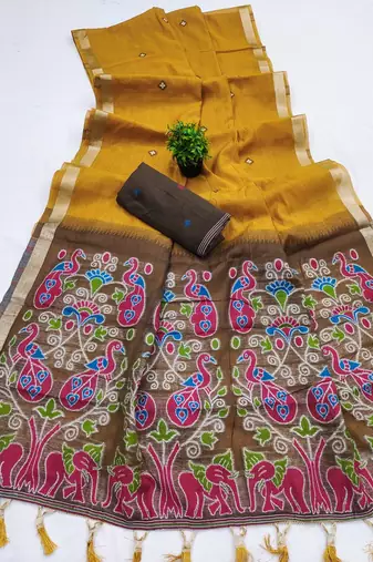 yellow muga cotton saree with ajrakh meenakari designer pallu
