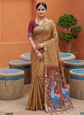 cream muga cotton saree with peacock ajrakh meenakari pallu 1