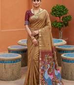 cream muga cotton saree with peacock ajrakh meenakari pallu