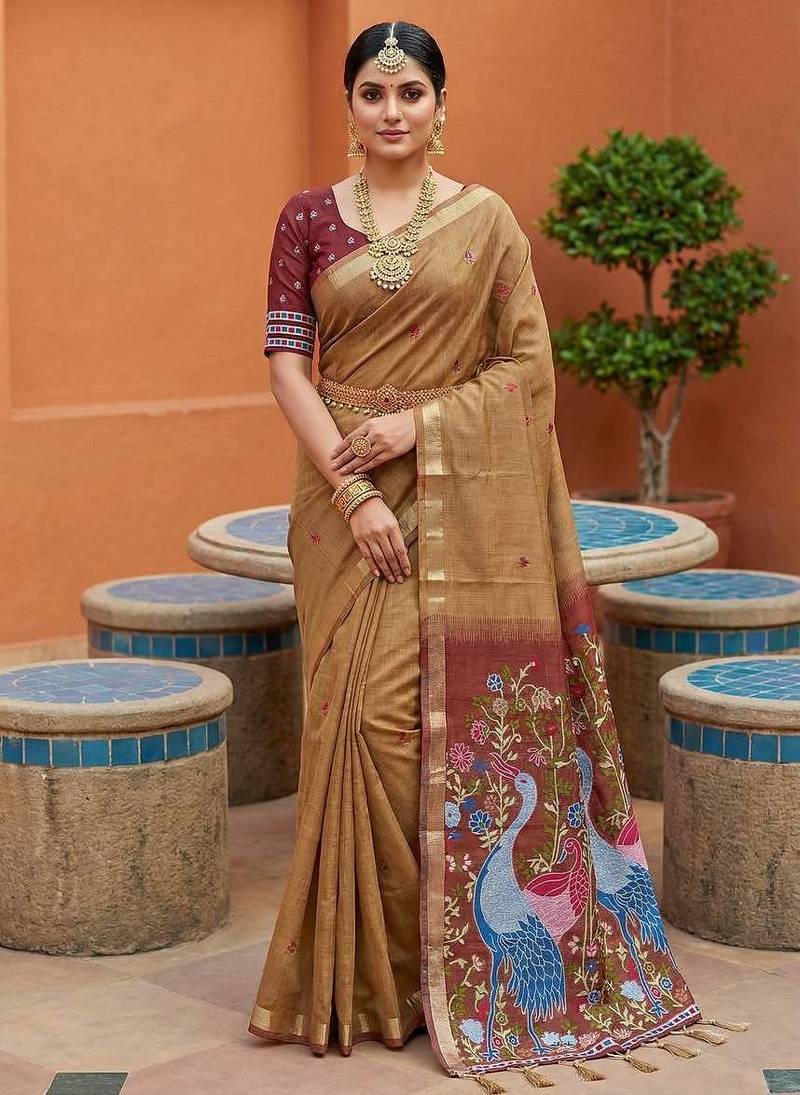 Cream muga cotton meenakari & azarakh pallu saree with contrast blouse
