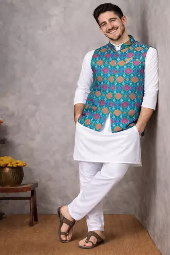 turquoise jacquard weaving cotton silk koti kurta pajama set
