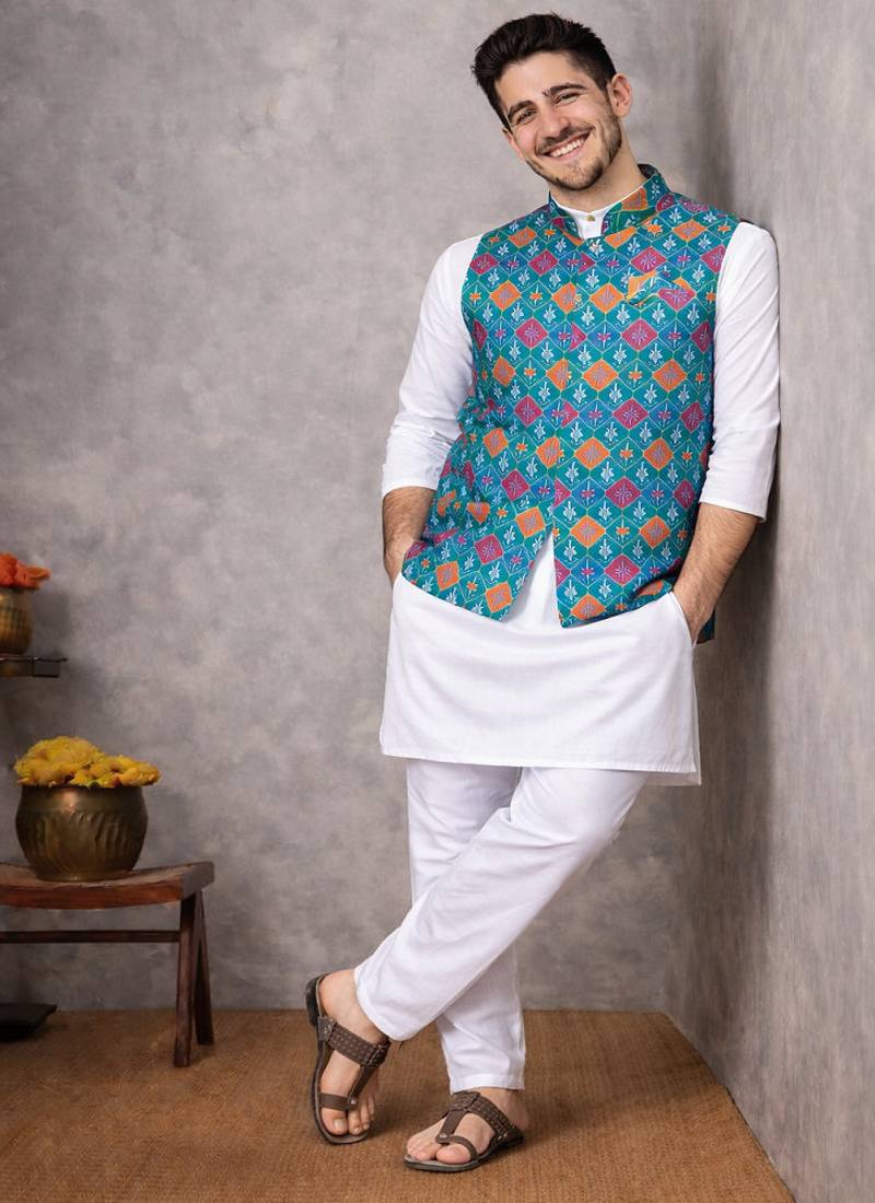 turquoise jacquard weaving cotton silk koti kurta pajama set
