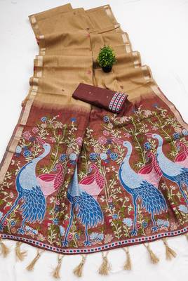 cream muga cotton saree with peacock ajrakh meenakari pallu 2