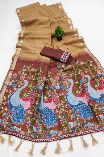 cream muga cotton saree with peacock ajrakh meenakari pallu