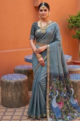 Grey muga cotton meenakari & azarakh pallu saree with contrast blouse