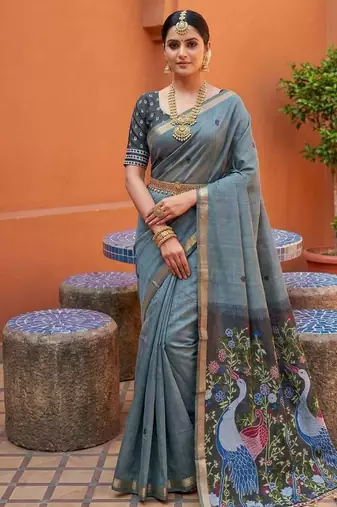 grey muga cotton saree with peacock ajrakh meenakari pallu