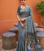 grey muga cotton saree with peacock ajrakh meenakari pallu