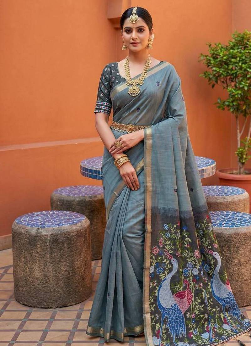 Grey muga cotton meenakari & azarakh pallu saree with contrast blouse