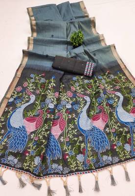 grey muga cotton saree with peacock ajrakh meenakari pallu 2