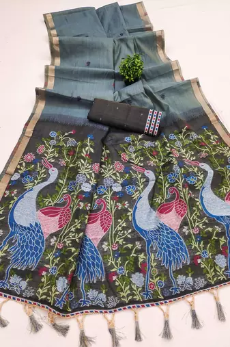 grey muga cotton saree with peacock ajrakh meenakari pallu