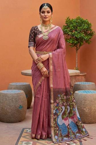 Mauve muga cotton meenakari & azarakh pallu saree with contrast blouse