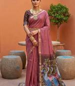 mauve muga cotton saree with peacock ajrakh meenakari pallu
