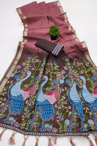 mauve muga cotton saree with peacock ajrakh meenakari pallu
