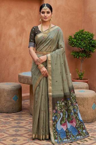 Mehendi muga cotton meenakari & azarakh pallu saree with contrast blouse