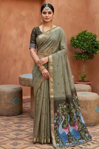 mehendi muga cotton saree with peacock ajrakh meenakari pallu