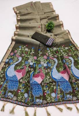 mehendi muga cotton saree with peacock ajrakh meenakari pallu 2