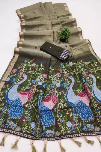mehendi muga cotton saree with peacock ajrakh meenakari pallu