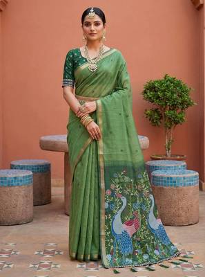 pista muga cotton saree with peacock ajrakh meenakari pallu 1