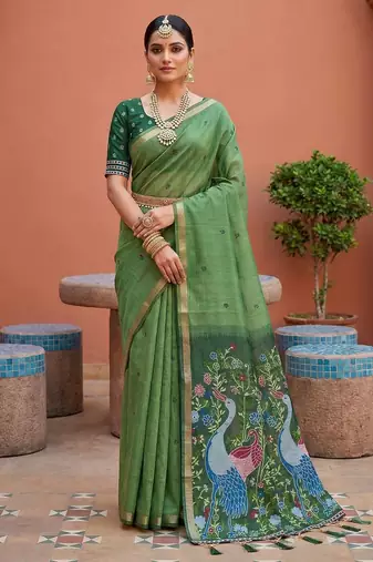 pista muga cotton saree with peacock ajrakh meenakari pallu
