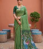 pista muga cotton saree with peacock ajrakh meenakari pallu