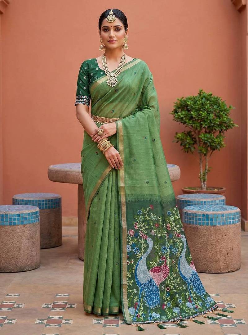Pista muga cotton meenakari & azarakh pallu saree with contrast blouse