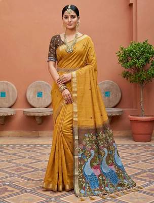 yellow muga cotton saree with peacock ajrakh meenakari pallu 1