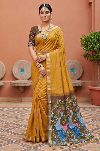Yellow muga cotton meenakari & azarakh pallu saree with contrast blouse