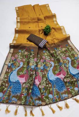yellow muga cotton saree with peacock ajrakh meenakari pallu 2