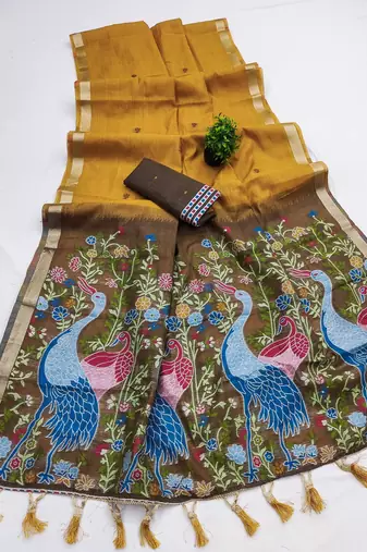 yellow muga cotton saree with peacock ajrakh meenakari pallu