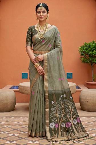 mehendi  muga cotton meenakari & azarakh pallu saree with contrast blouse