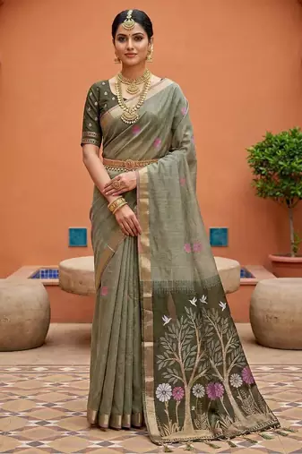 mehendi muga cotton traditional saree with meenakari ajrakh pallu