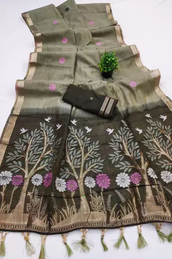 mehendi muga cotton traditional saree with meenakari ajrakh pallu