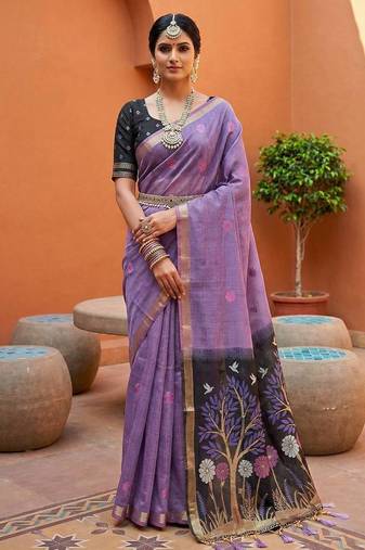 Lavender muga cotton meenakari & azarakh pallu saree with contrast blouse