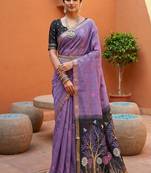 lavender muga cotton traditional saree with meenakari ajrakh pallu