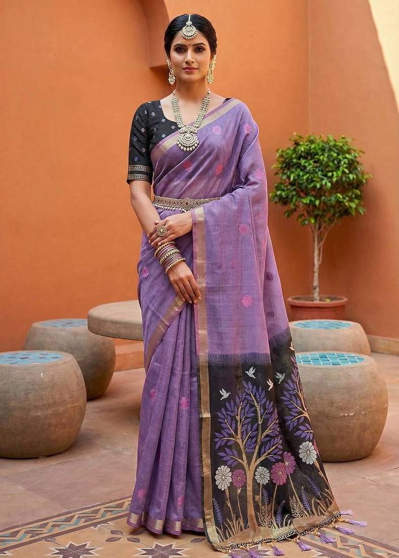 Lavender muga cotton meenakari & azarakh pallu saree with contrast blouse