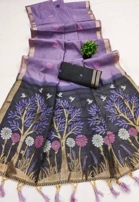 lavender muga cotton traditional saree with meenakari ajrakh pallu 2