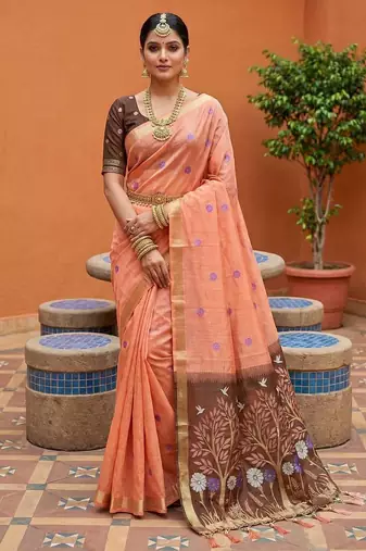peach muga cotton traditional saree with meenakari ajrakh pallu