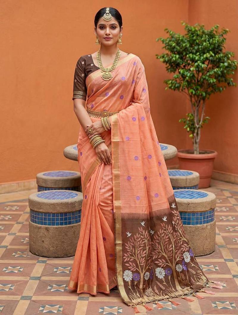 Peach muga cotton meenakari & azarakh pallu saree with contrast blouse