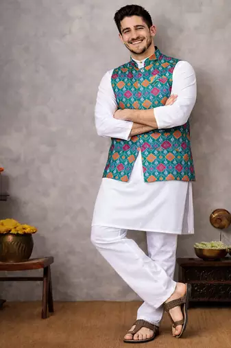 turquoise jacquard weaving cotton silk koti kurta pajama set