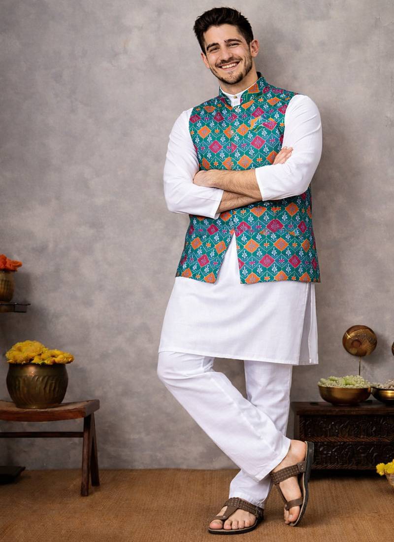 turquoise jacquard weaving cotton silk koti kurta pajama set