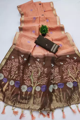 peach muga cotton traditional saree with meenakari ajrakh pallu