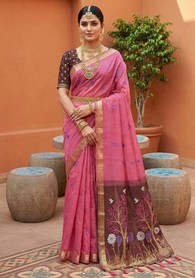 pink muga cotton traditional saree with meenakari ajrakh pallu
 1