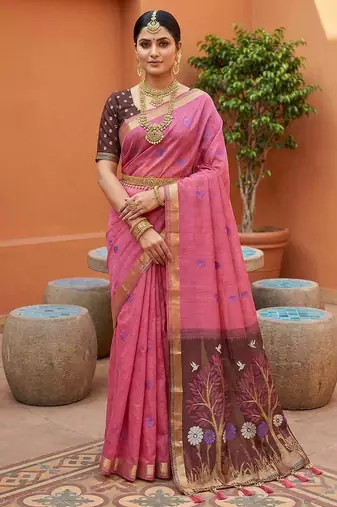 pink muga cotton traditional saree with meenakari ajrakh pallu