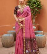 pink muga cotton traditional saree with meenakari ajrakh pallu
