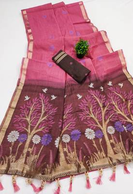 pink muga cotton traditional saree with meenakari ajrakh pallu
 2